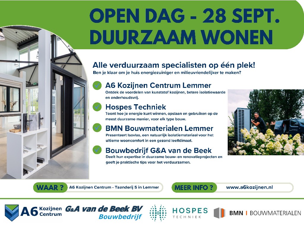 28 sept: Open Dag bij A6 Kozijnen Centrum Lemmer over Duurzaam Wonen