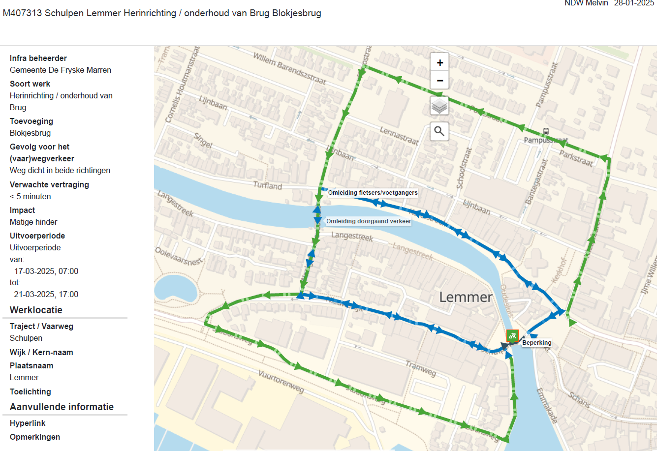 Werkzaamheden Blokjesbrug: stremming