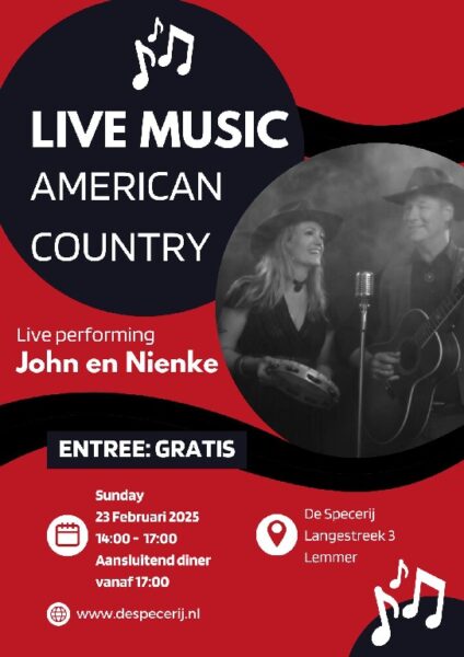 23 februari: Live Muziek bij Restaurant De Specerij – American Country