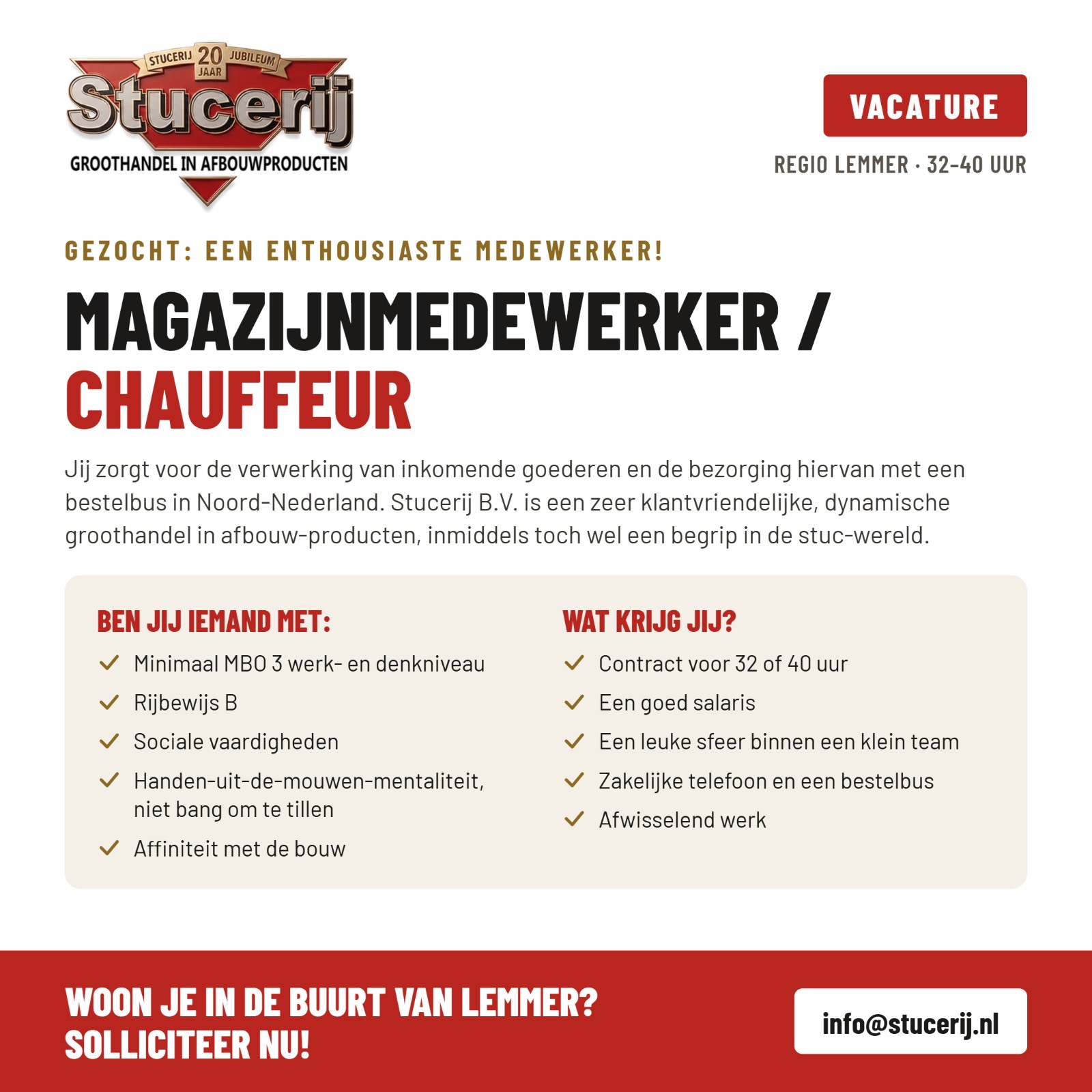 Stucerij zoekt een magazijnmedewerker / chauffeur
